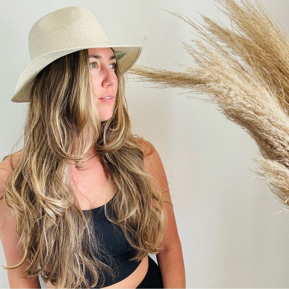 VINTAGE NORDSTROM Cream Tan Straw Wide Visor Brim Green Peacock Fedora Sun Hat - Picture 11 of 11